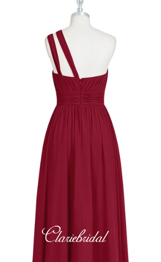 One Shoulder Long A-line Burgundy Chiffon Bridesmaid Dresses