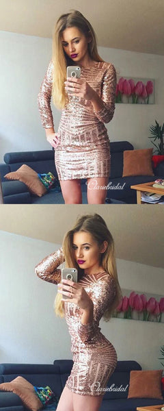 Long Sleeves Sequins Homecoming Dresses, Short Prom Dresses