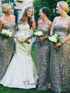 Strapless Sequins Bridesmaid Dresses, Sweetheart Slit Bridesmaid Dresses