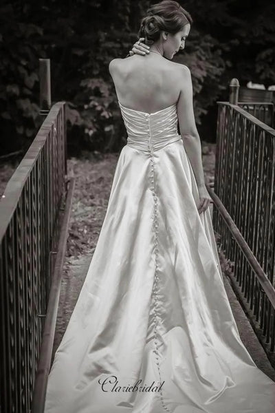 Sweetheart Strapless A-line Wedding Dresses, Simple Satin Wedding Dresses