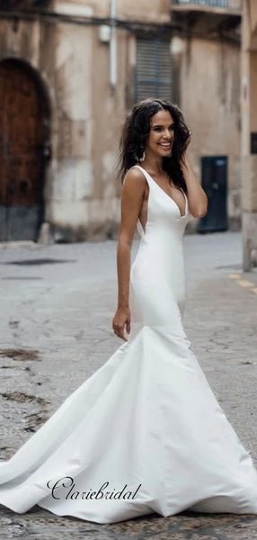 V-neck Simple Custom Design Wedding Dresses, Mermaid Wedding Dresses