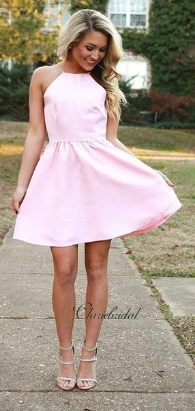 Halter Backless Pink Homecoming Dresses, Short Party Prom Dresses