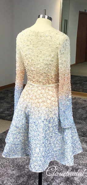 V-neck Beaded Long Sleeves Homecoming Dresses, Short Prom Dresses