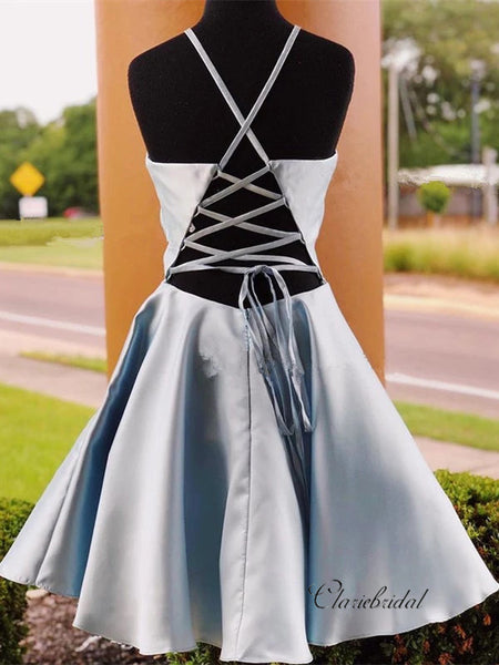 Halter Satin A-line Homecoming Dresses， Short Party Prom Dresses