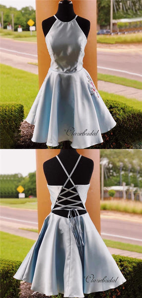 Halter Satin A-line Homecoming Dresses， Short Party Prom Dresses