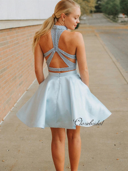 Two Pieces Design Homecoming Dresses, Beaded Halter Homecoming Dresses