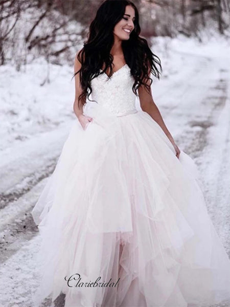 A-line Unique Tulle Wedding Dresses, Lace Fluffy Wedding Dresses