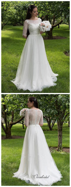 Mid Sleeves Lace Wedding Dresses, Tulle A-line Wedding Dresses