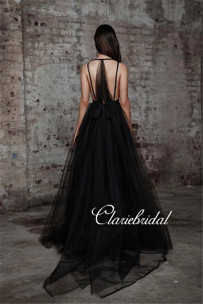 Deep V-neck Black Tulle Prom Dresses, Long A-line Prom Dresses, Chic Prom Dresses