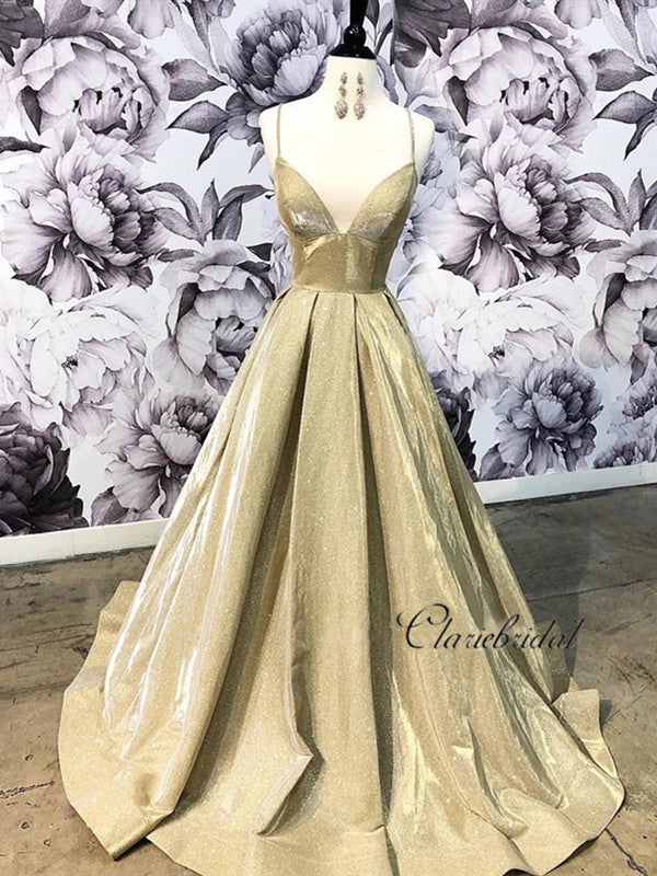 Spaghetti Straps V-neck Long Prom Dresses, 2020 Newest A-line Prom Dresses