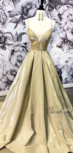 Spaghetti Straps V-neck Long Prom Dresses, 2020 Newest A-line Prom Dresses