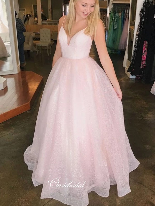 Spaghetti Straps A-line Long Prom Dresses, Pink Prom Dresses, 2020 Prom Dresses