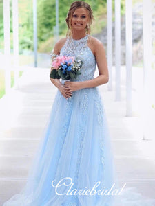 Lovely Light Blue Lace Tulle Prom Dresses, Long Prom Dresses. Simple Prom Dresses
