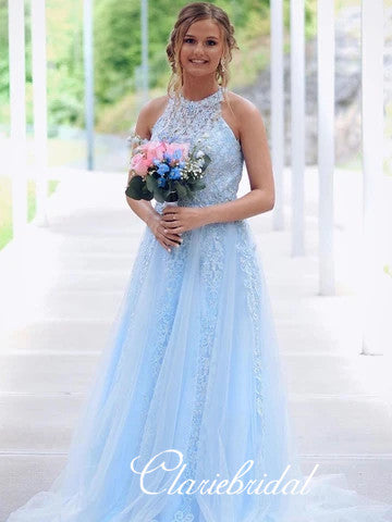 light blue dress long Lovely Light Blue Lace Tulle Prom Dresses, Long Prom Dresses. Simple P – ClaireBridal