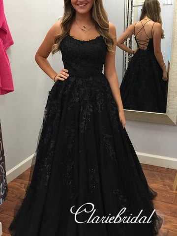 Black Lace Tulle Long Prom Dresses, Lace Up Prom Dresses, Popular 2020 Prom Dresses