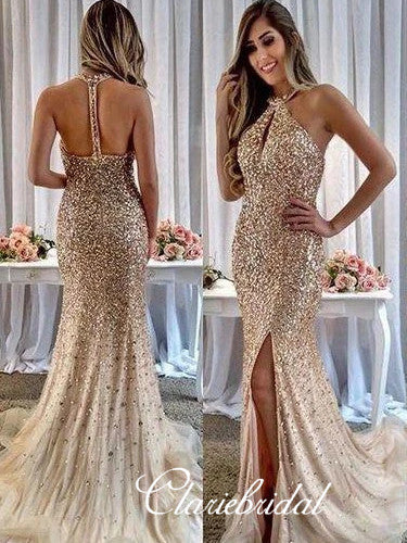 Luxury Rhinestone Beaded Long Mermaid Prom Dresses, Champagne Gold Prom Dresses