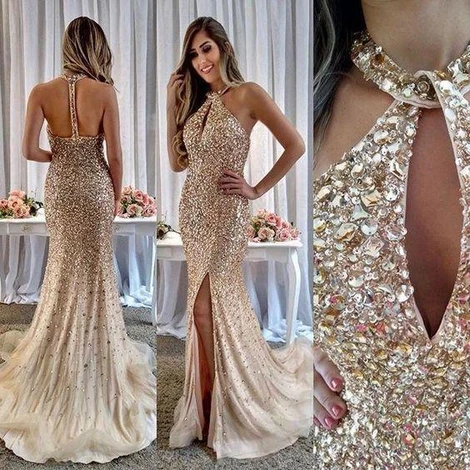 Luxury Rhinestone Beaded Long Mermaid Prom Dresses Champagne Gold