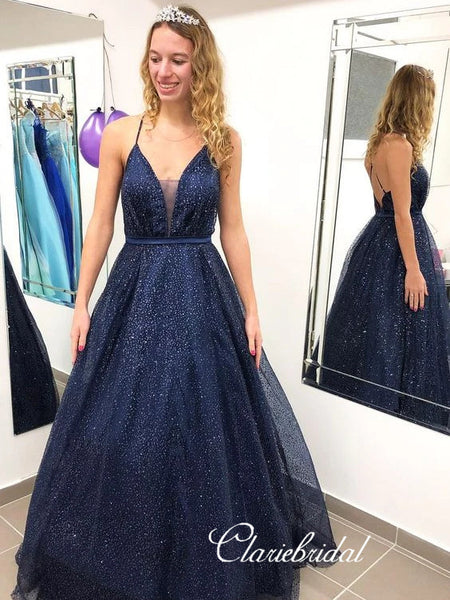 Spaghetti Long A-line Navy Sequin Tulle Prom Dresses, Cross Back Prom Dresses, Long Prom Dresses