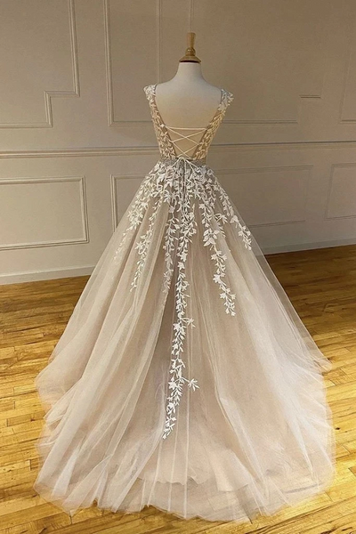 Round Neck Lace Tulle Prom Dresses, Beaded Prom Dresses, Long Prom Dresses
