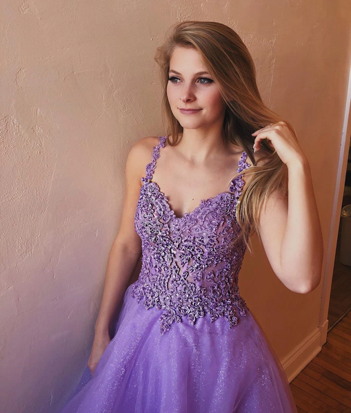 Straps Long A-line Prom Dresses, Lace Appliques Beaded Prom Dresses, Long Prom Dresses
