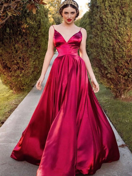 Spaghetti Long A-line Elastic Satin Prom Dresses, Red Prom Dresses, Simple Prom Dresses