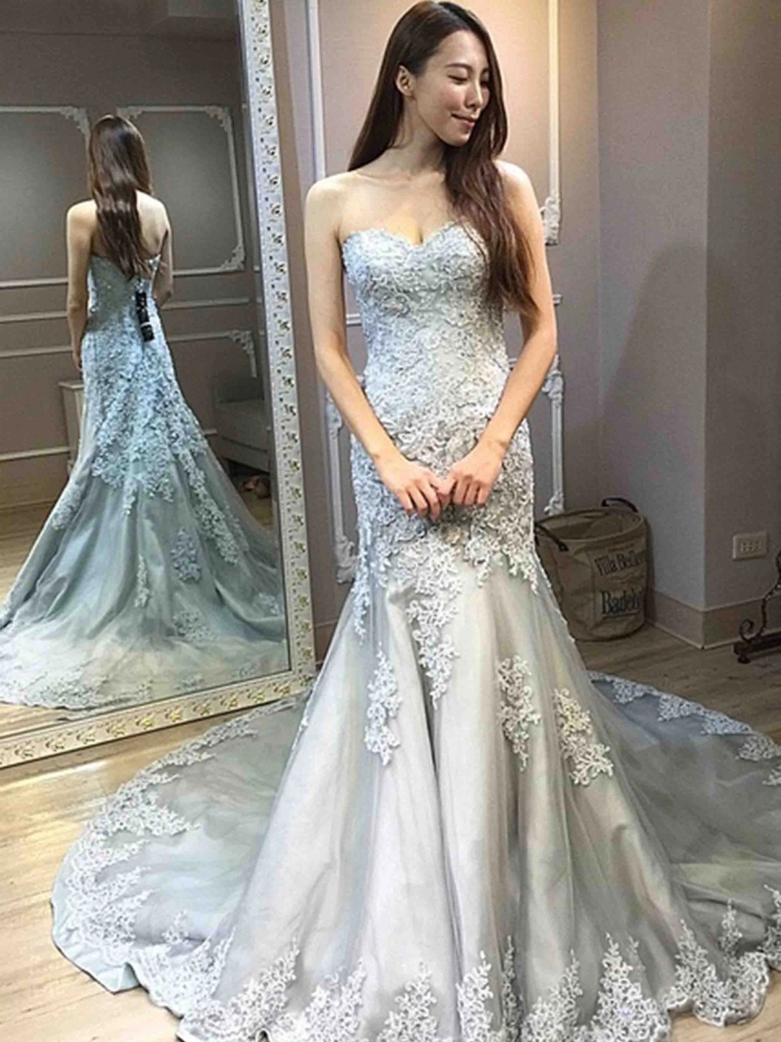 Sweetheart Long Mermaid Lace Tulle Prom Dresses, Elegant Long Prom Dresses, Newest Prom Dresses