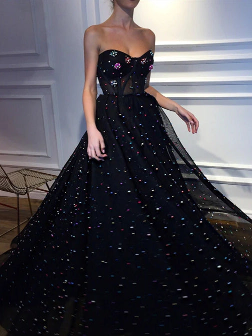 Sweetheart Long A-line Black Tulle Beaded Prom Dresses, Long Prom Dresses, 2020 Prom Dresses