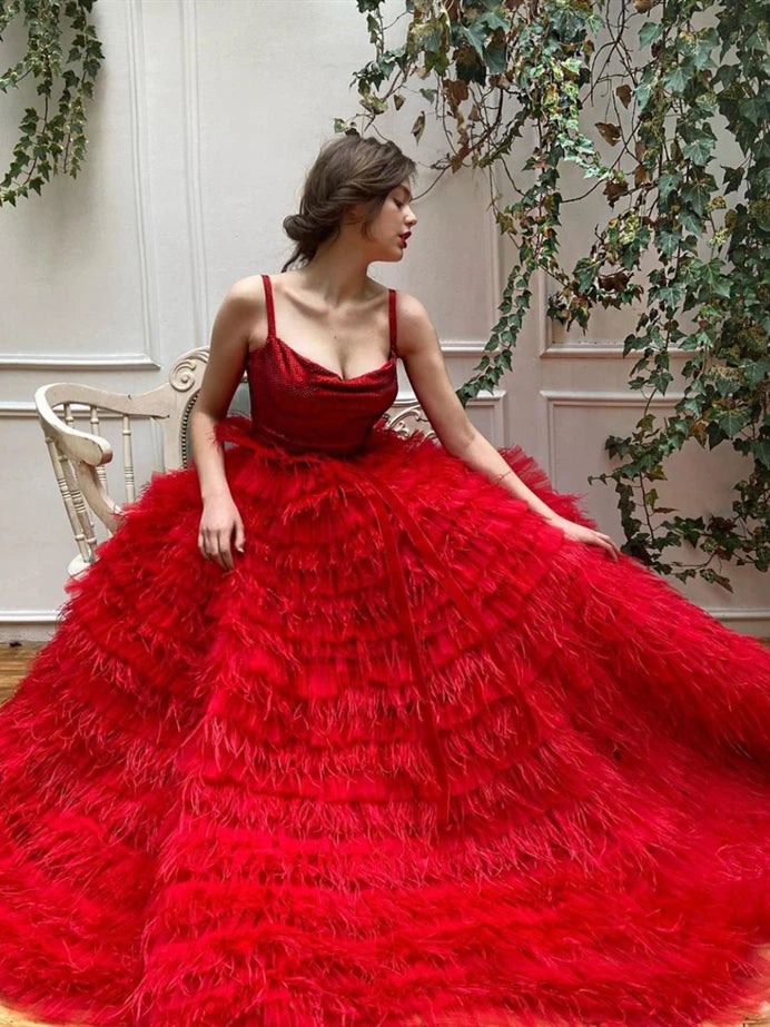 Straps Long A-line Red Tulle Feathers Prom Dresses, Luxury Ball Gown, 2020 Prom Dresses