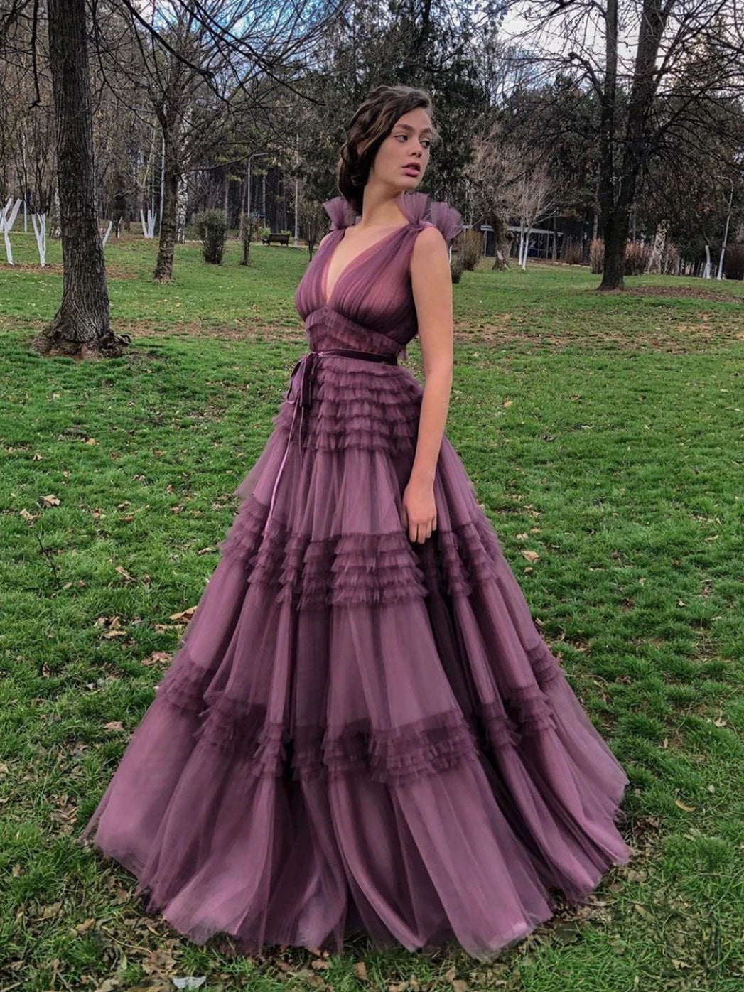 Dusty Purple Long A-line Prom Dresses, Chic Tulle Prom Dresses, High W ClaireBridal Dusty Purple Long A-line Prom Dresses, Chic Tulle Prom Dresses, High W ClaireBridal
