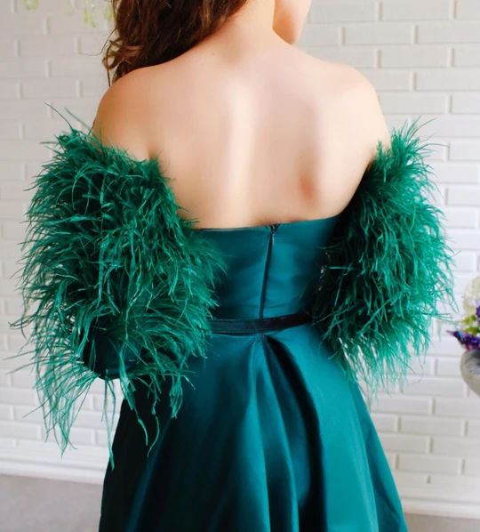 Strapless Long A-line Satin Prom Dresses With Feather Sleeves, Side Slit Prom Dresses, Newest Prom Dresses