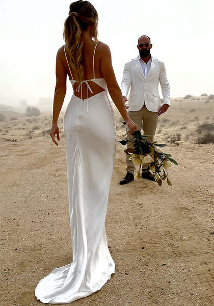 Spaghetti Long Sheath Ivory Wedding Dresses, Simple Long Wedding Dresses, Chic Wedding Dresses
