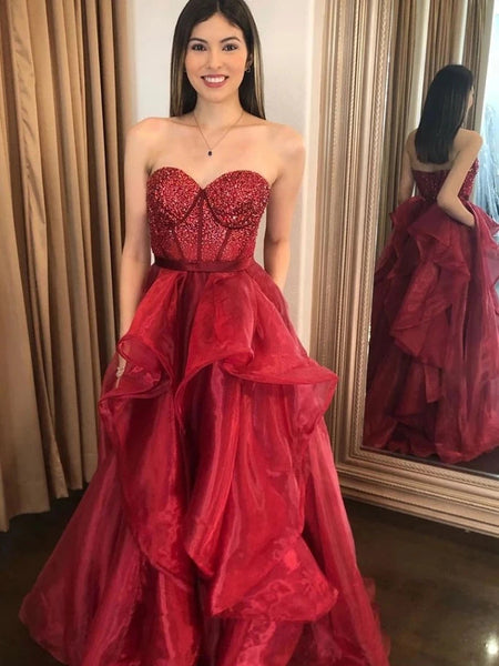 Sweetheart Long Red Organza Beaded Prom Dresses, Popular Prom Dresses, Long Prom Dresses