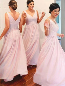 V-neck Long A-line Blush Pink Chiffon Bridesmaid Dresses, Simple Bridesmaid Dresses, Bridesmaid Dresses