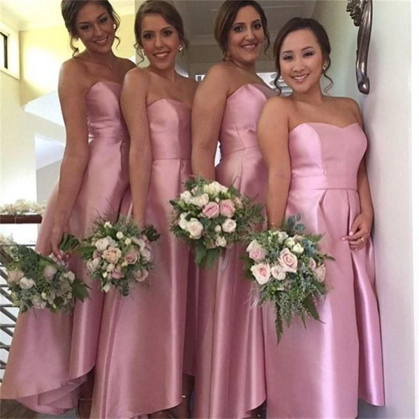 Sweetheart Long Hi-low Pink Satin Bridesmaid Dresses, Simple Bridesmaid Dresses, Long Bridesmaid Dresses