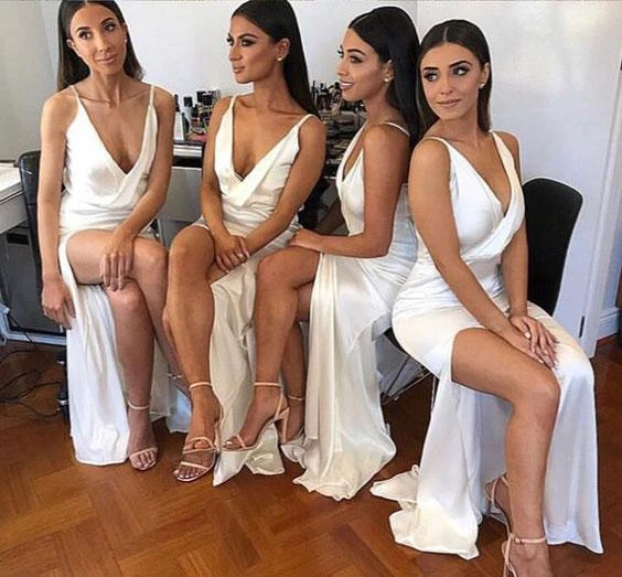 Deep V-neck Long Mermaid Elastic Satin Bridesmaid Dresses, Ivory Bride ClaireBridal Deep V-neck Long Mermaid Elastic Satin Bridesmaid Dresses, Ivory Bride ClaireBridal