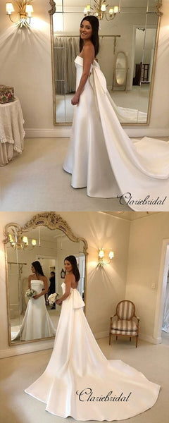 Elegant Strapless A-line Wedding Dresses, Satin Train Wedding Dresses