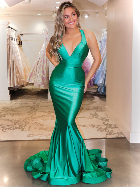 Deep V-neck Long Mermaid Green Satin Prom Dresses, Popular 2020 Prom Dresses, Long Prom Dresses