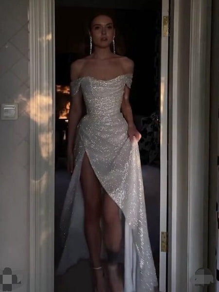 Off Shoulder Ivory Sequin Tulle Shiny Wedding Dresses, Sheath Wedding Dresses, Popular Wedding Dresses, Bridal Gown