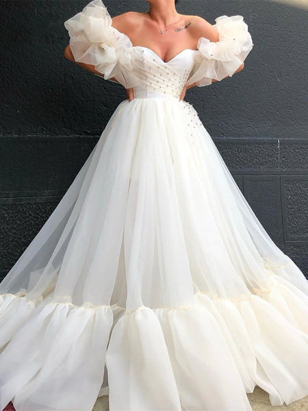 Bubble Sleeved Ivory Organza Prom Dresses, Wedding Dresses, Long Prom Dresses, 2021 Prom Dresses