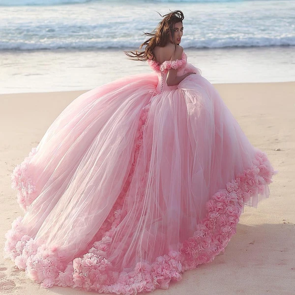Off Shoulder Pink Tulle Flowers Wedding Dresses, Luxury Wedding Dresses, 2021 Wedding Dresses, Bridal Gown