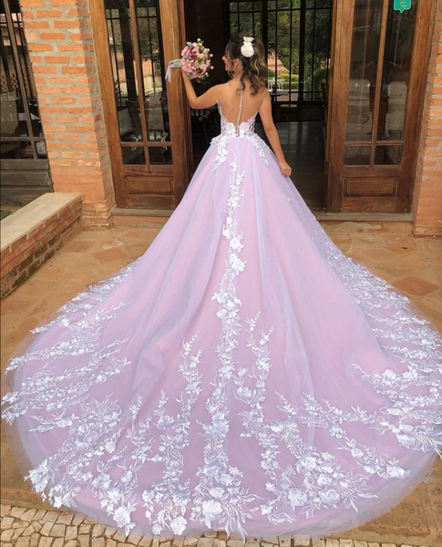 A-line Lace Floral Pink Wedding Dresses, Flower Elegant Wedding Gowns, Romantic Bridal Wedding Dresses