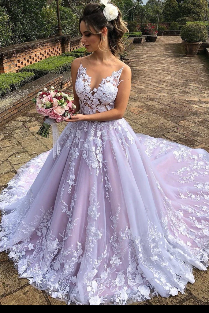 A-line Lace Floral Pink Wedding Dresses, Flower Elegant Wedding Gowns, ClaireBridal A-line Lace Floral Pink Wedding Dresses, Flower Elegant Wedding Gowns, ClaireBridal