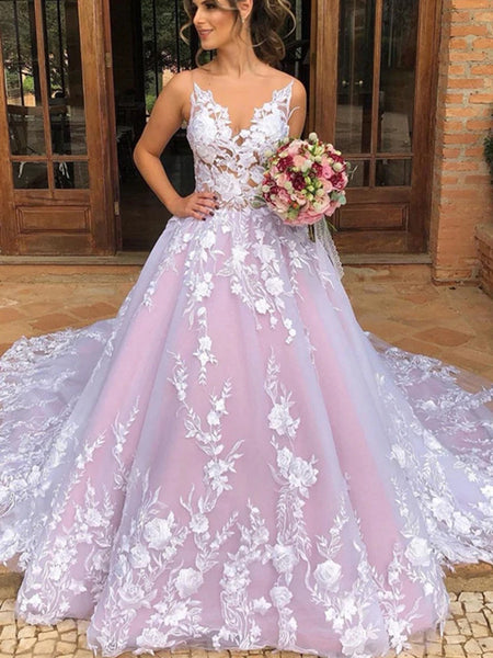 A-line Lace Floral Pink Wedding Dresses, Flower Elegant Wedding Gowns, – ClaireBridal