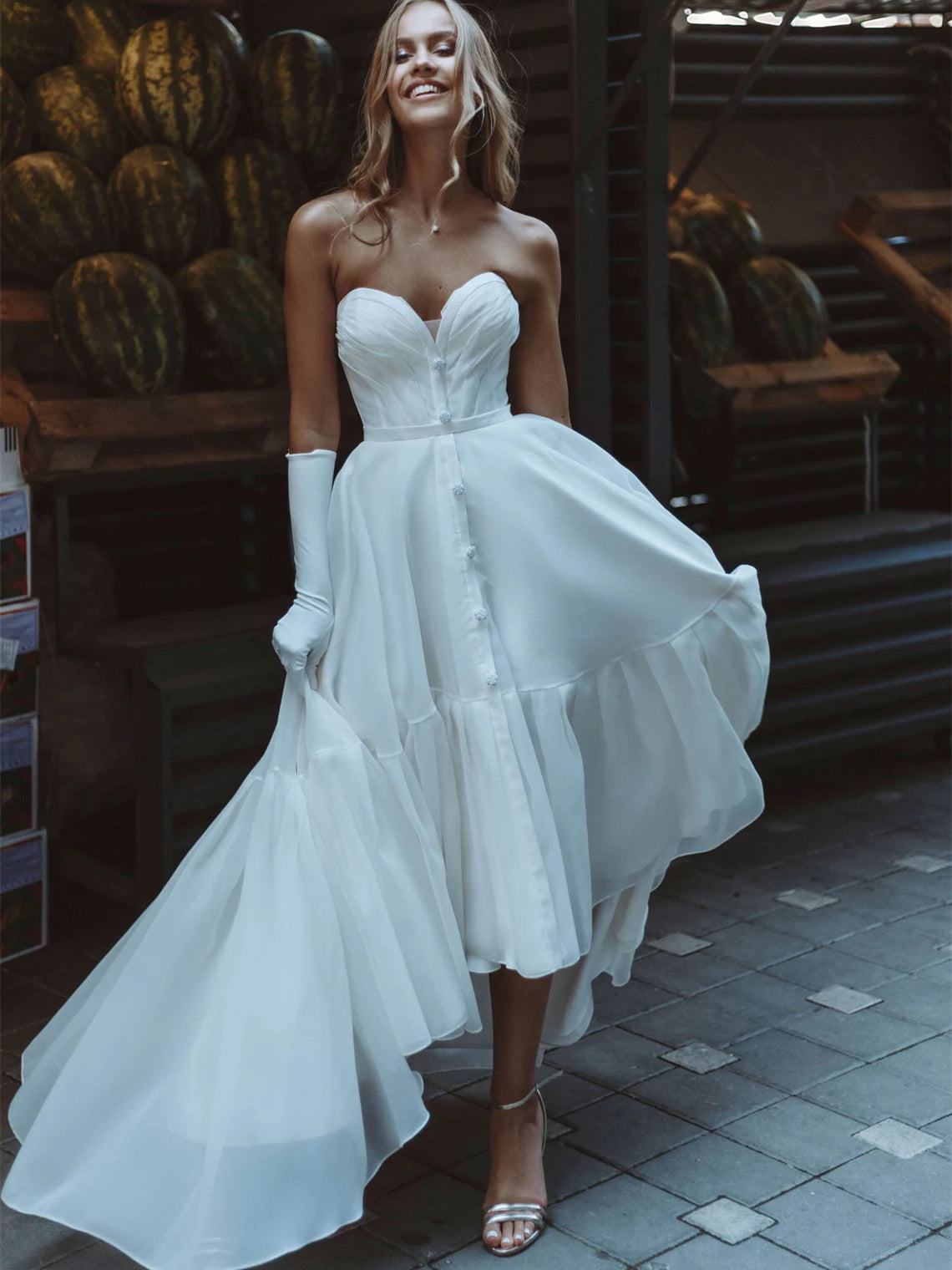 Sweetheeart Hi-low Chiffon Wedding Dresses With Golves, Chic Wedding Dresses, Long Wedding Dresses, Bridal Gown
