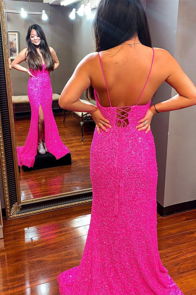 Newest Simple Girl Graduation Party Dresses, Hot Pink Long Prom Dresses, 2023 Sequins Evening Dresses