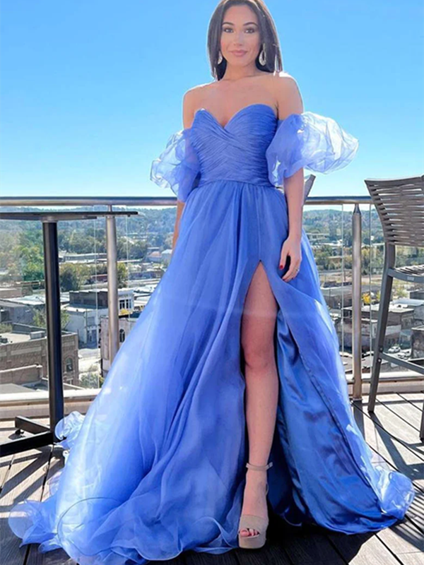 Puff Sleeves Strapless Long Prom Dresses, Newest 2023 Prom Dresses, A-line Girl Party Dresses