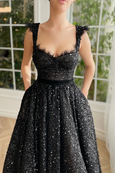 Newest A-line Black Sequins Long Prom Dresses, Girl Graduation Party Dresses, 2023 Prom Dresses