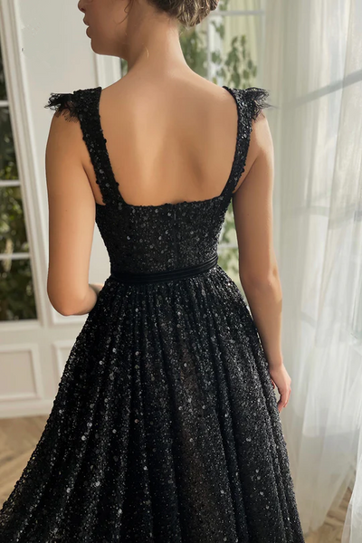 Newest A-line Black Sequins Long Prom Dresses, Girl Graduation Party Dresses, 2023 Prom Dresses