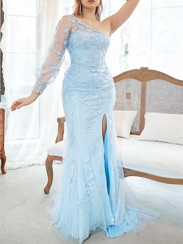 One Shoulder Mermaid Long Prom Dresses, Elegant Sky Blue Lace 2023 Newest Prom Dresses