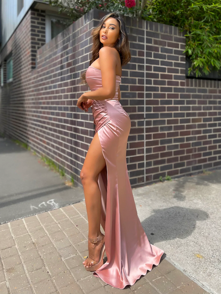 Strapless 2023 Long Prom Dresses, Girl Graduation Party Dresses, Side Slit Prom Dresses